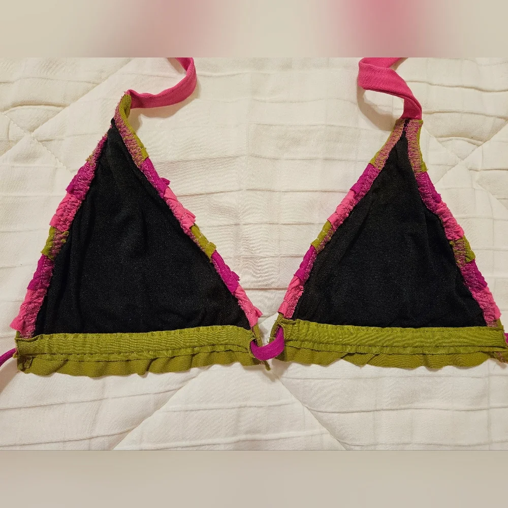 BECCA triangle bikini L pink green EUC Rebecca V string coquette girl ruffles